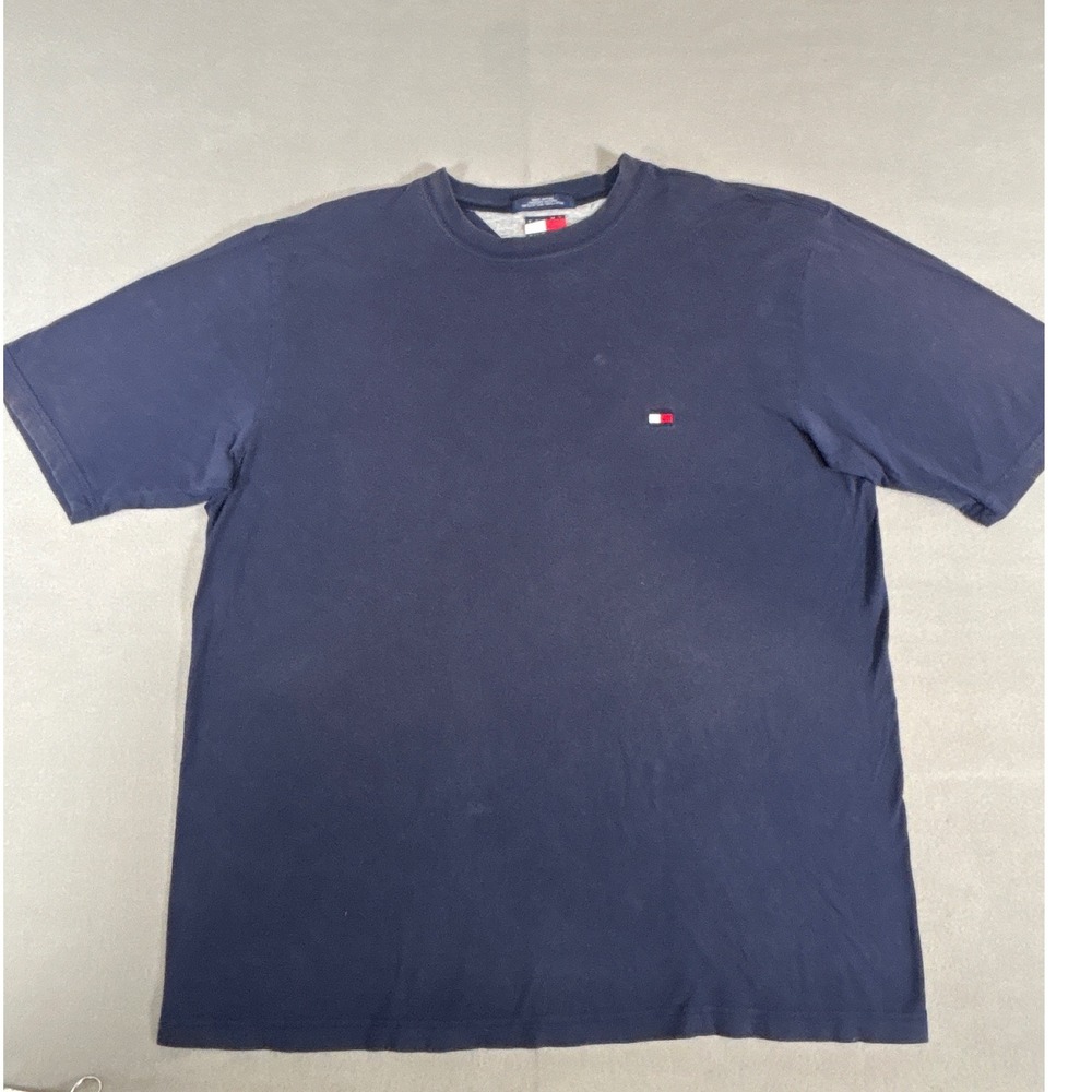 Vintage Tommy Hilfiger Men Navy Blue Cotton Short Sleeve Logo T-Shirt Size Large